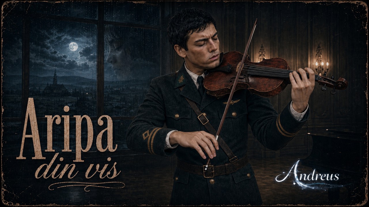 Official Aripa din vis YouTube artwork with a young wartime pilot playing violin beside a rain-covered moonlit window